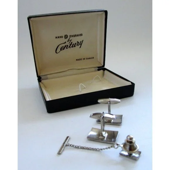 VTG Cufflinks and Tie Tack Boxed Hand Engraved "Century"  Silver Tone Set Canada - Picture 6 of 11